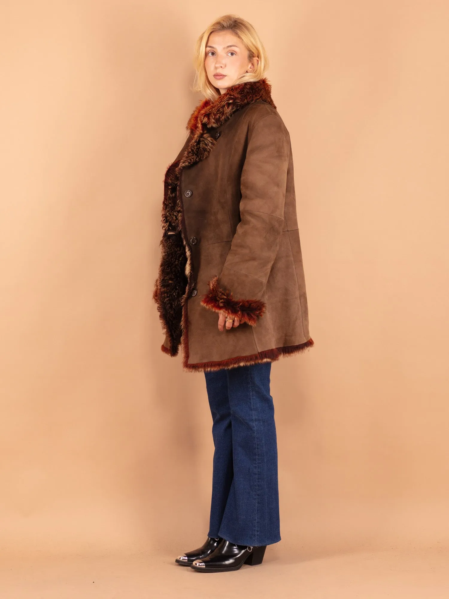 Vintage 90's Women Sheepskin Shearling Coat in Brown