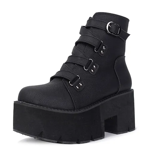 Women Platform Boots Rubber Sole Buckle Black Leather PU High Heels Shoes Woman Comfortable