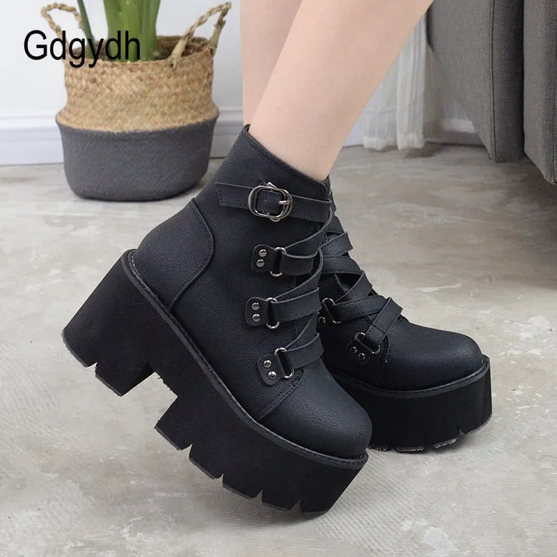 Women Platform Boots Rubber Sole Buckle Black Leather PU High Heels Shoes Woman Comfortable