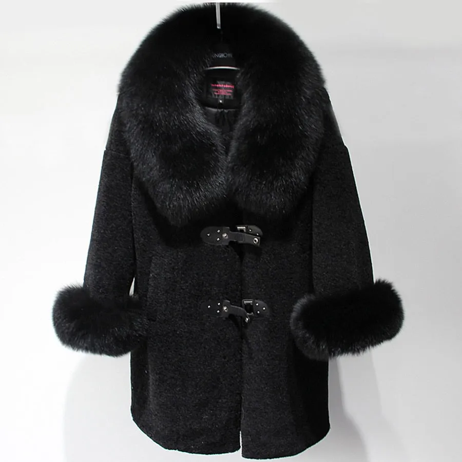 Women's High Street Winter Lapel Cashmere Fox Fur Mid-length Coat