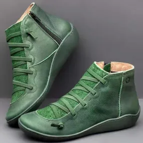 Women's Winter Leaf Green Genuine Leather Round Toe Ankle Snow Boots