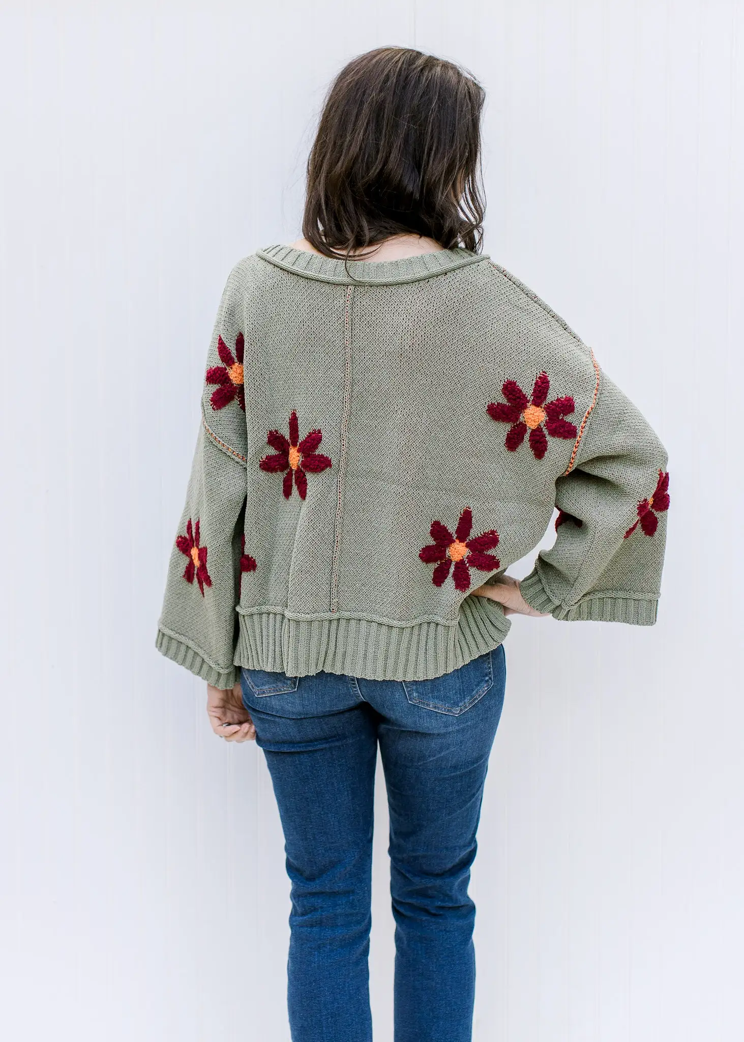 X Burgundy on Sage Flower Sweater